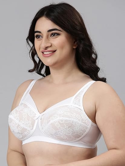 Enamor FB06 Women's Nylon Full Support Classic Lace Lift Bra – Non-Padded, Wirefree, High Coverage